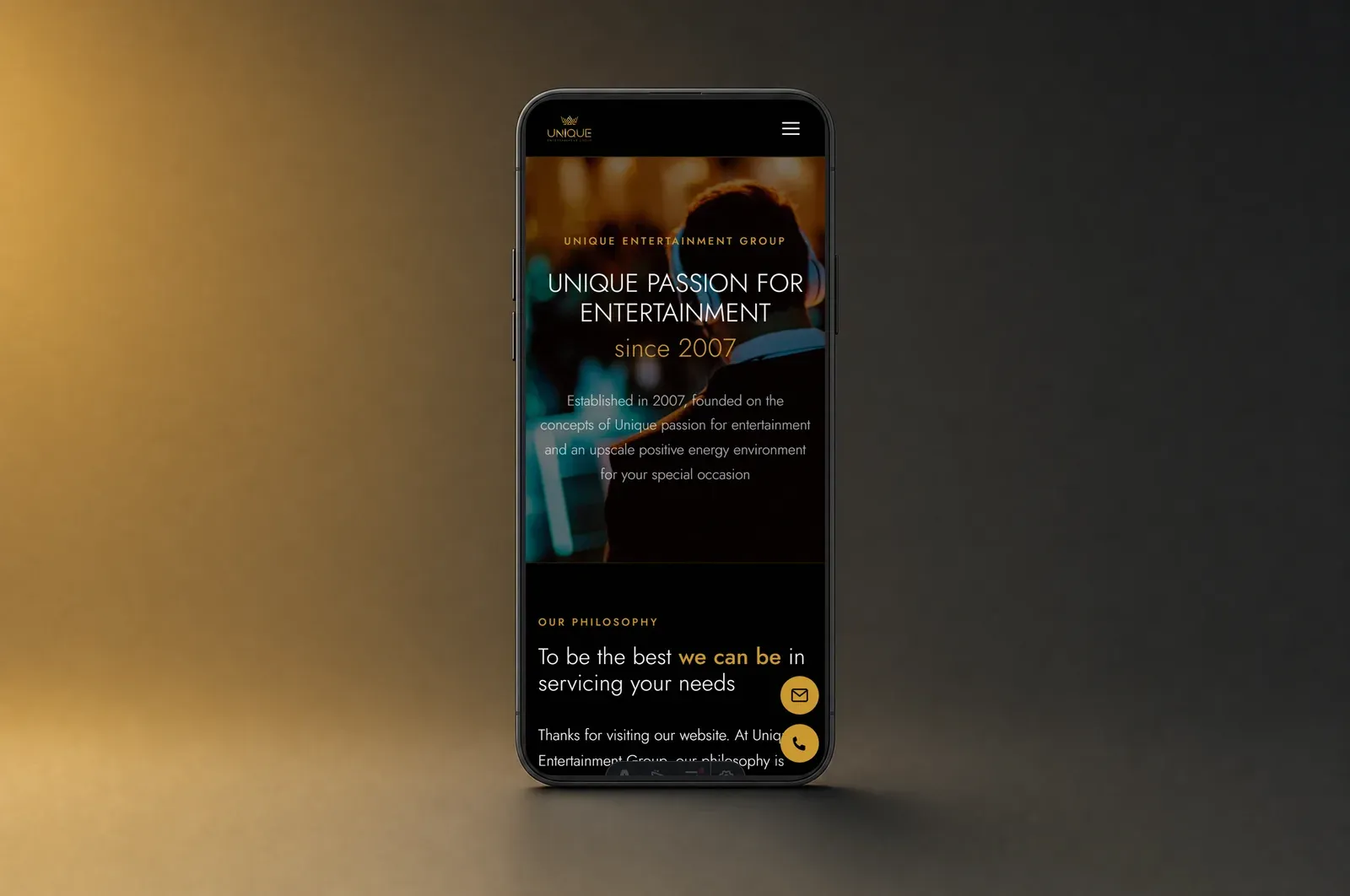 Home page of Unique Entertainment Group's website, an event agency from Toronto